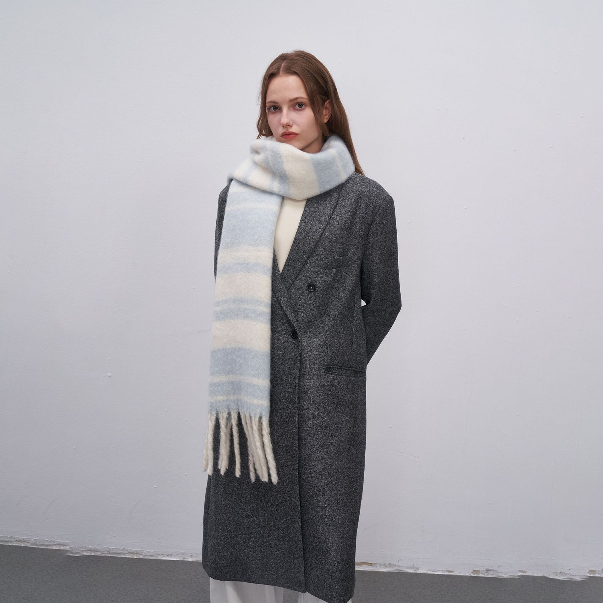 Maillard Style European And American All-match Warm Thickened Tassel Plaid Imitation Cashmere Scarf For Women Autumn And Winter