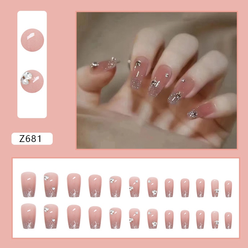 Short Ballet Simple Glitter Pile Diamond Manicure Wearable Nails Sweet Style Fashion Fake Nails