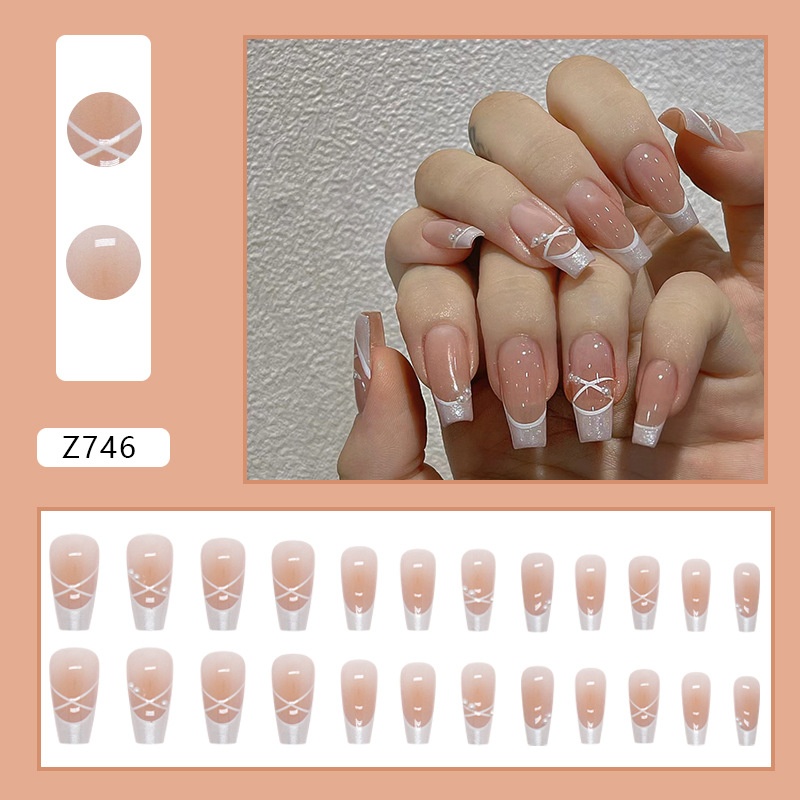Cute Pure Desire Blush Manicure White French Striped Ballet Shoes Fake Nails Pearl Diamond Manicure Pieces