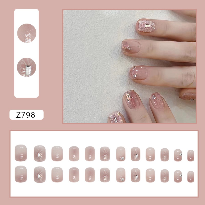 Short Blush Aurora Diamond Butterfly Manicure Sweet Girly Style Wearable Manicure Nail Art Tablets Can Be