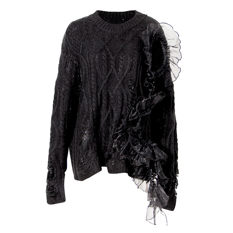 Designed Lazy Style Ripped Hole Sweater For Women Spliced Mesh Ruffled Twist Mid-length Sweater