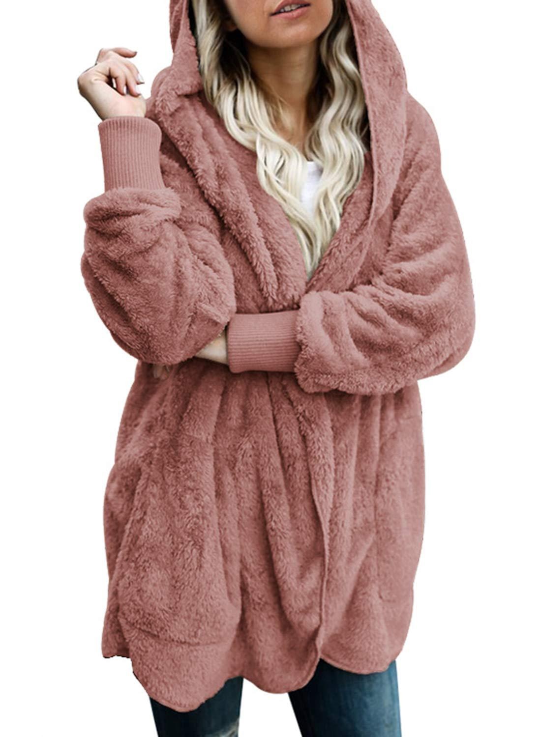 European And American Autumn And Winter Solid Color Cardigan Long-sleeved Plush Coat Casual Hooded Mid-length Coat
