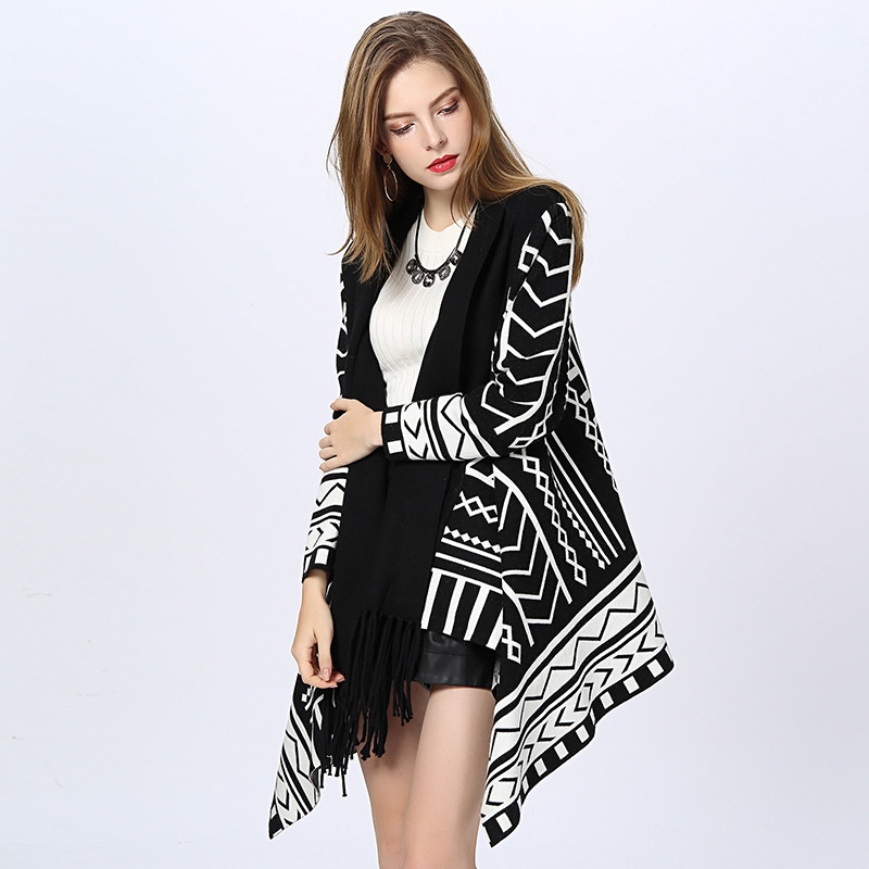 1141# Autumn And Winter Style Mid-length Tassel Knitted Shawl Cardigan Shawl Knitted Sweater Irregular Cardigan Shawl