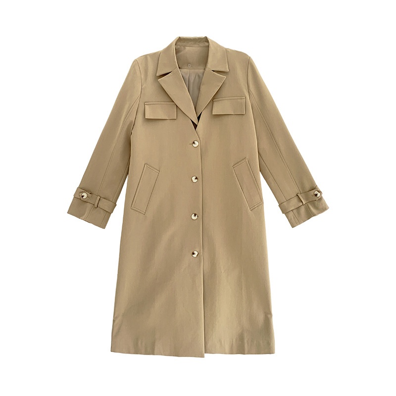 Thirteen Lines Autumn Long Sleeve Lapel Cardigan Solid Color Korean Long Style Windbreaker Women T T S901