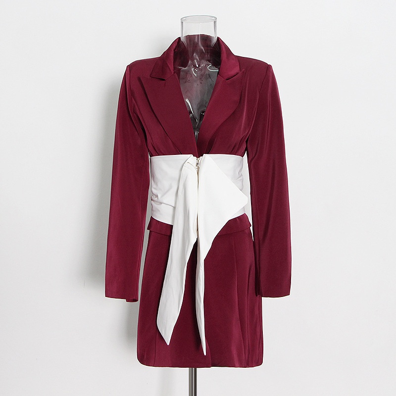 Burgundy Hepburn Style Suit Spring Satin Two-button Detachable Waist Seal Splicing Personality Jacket