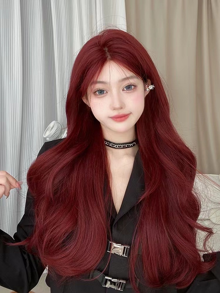 Front Lace Wig For Women, Handwoven Raspberry Red, Big Wave, Fashionable Daily Lolita Full Head Wig