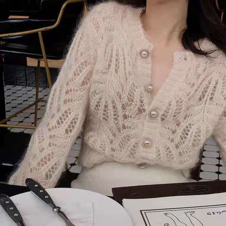 Short Round Neck Pearl Button White Hollow Thin Knitted Cardigan Sweater Jacket Women's Tops