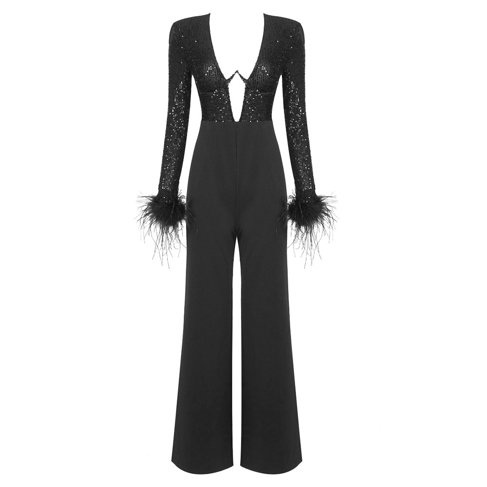 European And American Fashion Women's Spring And Summer Black Long-sleeved Sequined Feather Jumpsuit Long Legs High Jumpsuit